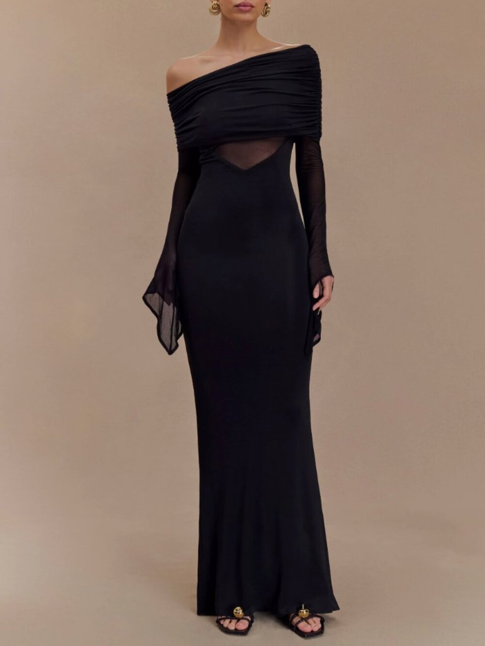 MESHKI Kaitlin One Shoulder Slinky And Mesh Maxi Dress - Black Noir Off Shoulder - Picture 3 of 5